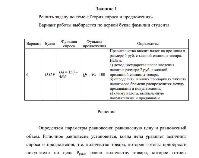 Решить задачу по теме «Теория спроса и предложения». Вариант работы выбирается по первой букве фамилии студента. Вариант Буква Функция спроса Функция предложения Определить: 6 О,П,Р Qd = 150 – 4Pd Qs = Ps –100 Правительство вводит налог на продавца в размере 5 руб. с каждой единицы товара.