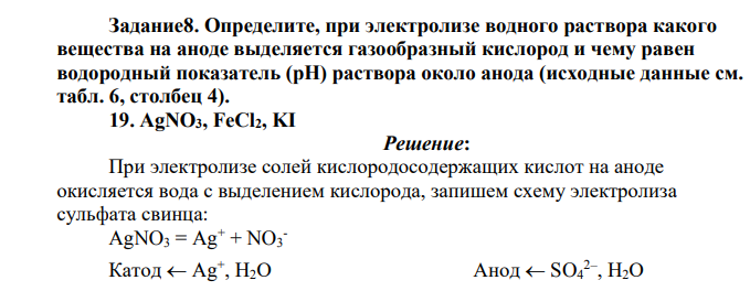 Определите, при электролизе водного раствора какого вещества на аноде выделяется газообразный кислород и чему равен водородный показатель (рН) раствора около анода (исходные данные см. табл. 6, столбец 4). 19. AgNO3, FeCl2, KI
