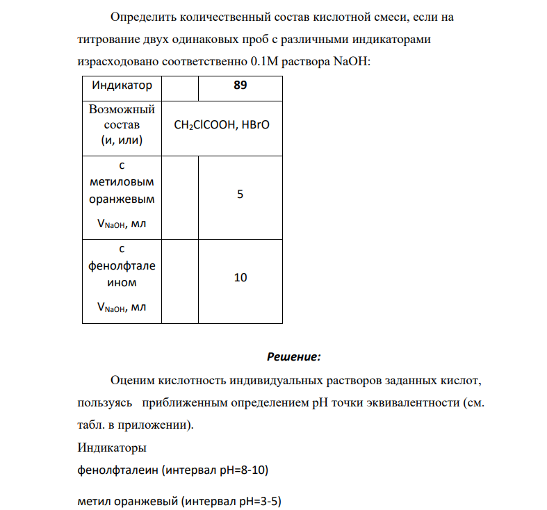 Определить количественный состав кислотной смеси, если на титрование двух одинаковых проб с различными индикаторами израсходовано соответственно 0.1М раствора NaOH: Индикатор 89 Возможный состав (и, или) CH2ClCOOH, HBrO с метиловым оранжевым VNaOH, мл 5 с фенолфтале ином VNaOH, мл 10