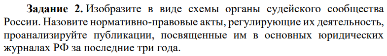 Изобразите в виде схемы органы судейского сообщества России. Назовите нормативно-правовые акты, регулирующие их деятельность, проанализируйте публикации, посвященные им в основных юридических журналах РФ за последние три года.