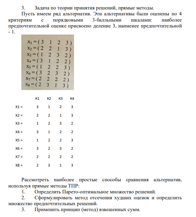 Задача по теории принятия решений, прямые методы. Пусть имеем ряд альтернатив. Эти альтернативы были оценены по 4 критериям с порядковыми 3-балльными шкалами: наиболее предпочтительной оценке присвоено деление 3, наименее предпочтительной - 1.