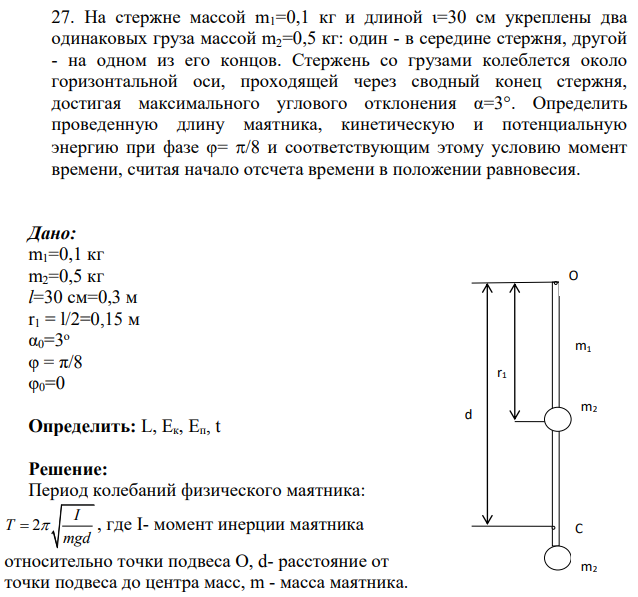 На стержне массой m1=0,1 кг и длиной ι=30 см укреплены два одинаковых груза массой m2=0,5 кг: один - в середине стержня, другой - на одном из его концов. Стержень со грузами колеблется около горизонтальной оси, проходящей через сводный конец стержня, достигая максимального углового отклонения α=3°.