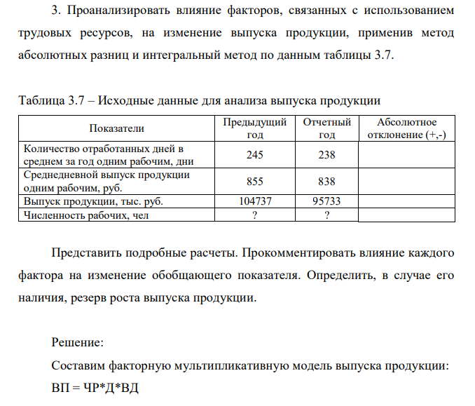 Проанализировать влияние факторов, связанных с использованием трудовых ресурсов, на изменение выпуска продукции, применив метод абсолютных разниц и интегральный метод по данным таблицы