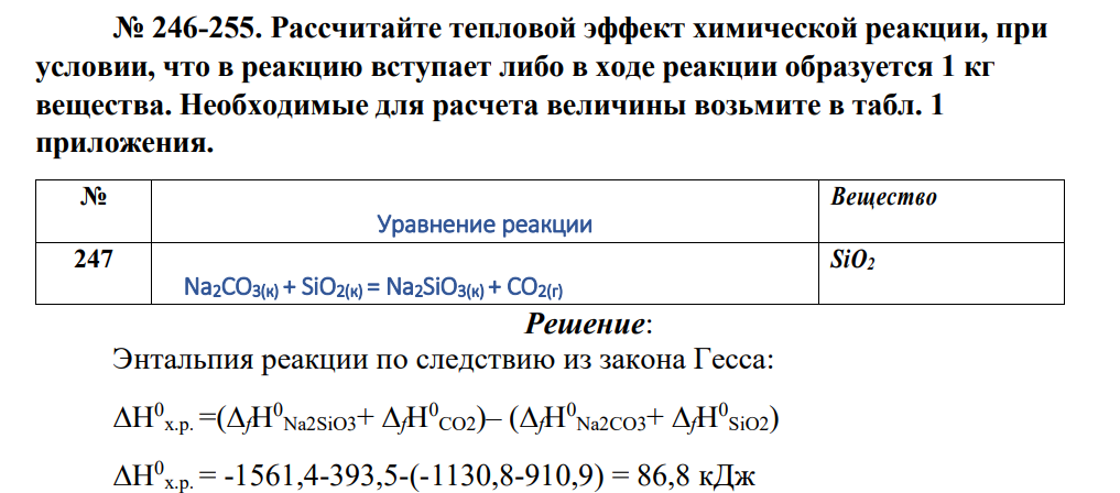 Рассчитайте тепловой эффект химической реакции, при условии, что в реакцию вступает либо в ходе реакции образуется 1 кг вещества. Необходимые для расчета величины возьмите в табл. 1 приложения.