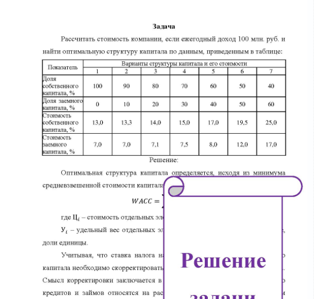 Задача Рассчитать стоимость компании, если ежегодный доход 100 млн. руб. и найти оптимальную структуру капитала по данным, приведенным в таблице: Показатель Варианты структуры капитала и его стоимости Доля собственного капитала, % Доля заемного капитала, % Стоимость собственного капитала, % Стоимость заемного капитала