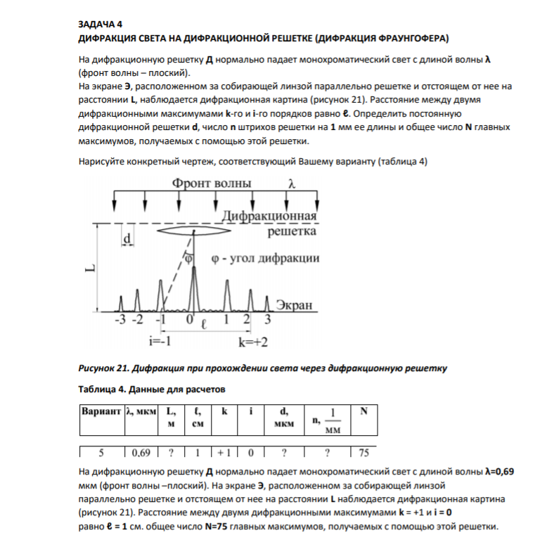 ЗАДАЧА 4 ДИФРАКЦИЯ СВЕТА НА ДИФРАКЦИОННОЙ РЕШЕТКЕ (ДИФРАКЦИЯ ФРАУНГОФЕРА) На дифракционную решетку Д нормально падает монохроматический свет с длиной волны λ (фронт волны – плоский). На экране Э, расположенном за собирающей линзой параллельно решетке и отстоящем от нее на расстоянии L, наблюдается дифракционная картина (рисунок 21).