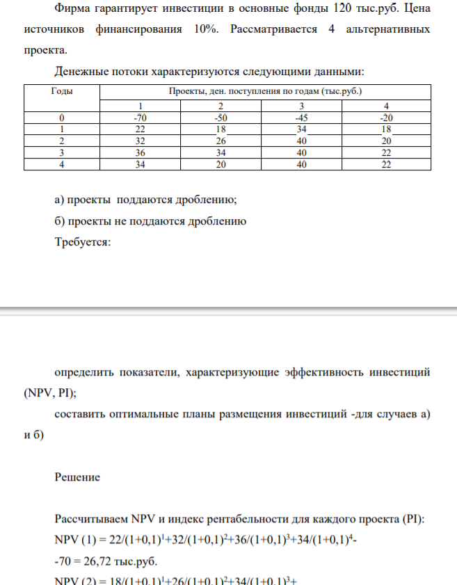 Фирма гарантирует инвестиции в основные фонды 120 тыс.р. Цена источников финансирования 10%. Рассматривается 4 альтернативных проекта.