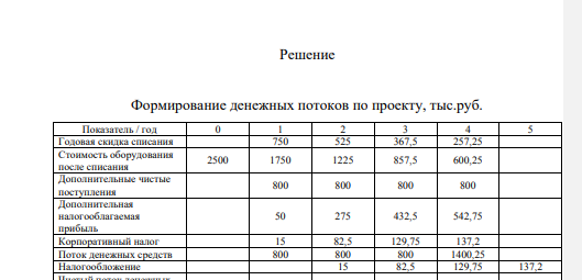 Для инвестиций в оборудование действует скидка списания в размере 30% от оставшейся балансовой стоимости оборудования. Ставка корпоративного налога равна 40%. Предприятие рассматривает вопрос о покупке оборудования за 2,5 млн. руб., которое, как ожидается, обеспечит в течение четырех лет дополнительные поступления денежных средств размере 800000 руб. в год