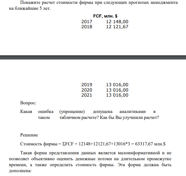 Покажите расчет стоимости фирмы при следующих прогнозах менеджмента на ближайшие 5 лет. FCF, млн. $ 2017 12 148,00 2018 12 121,67