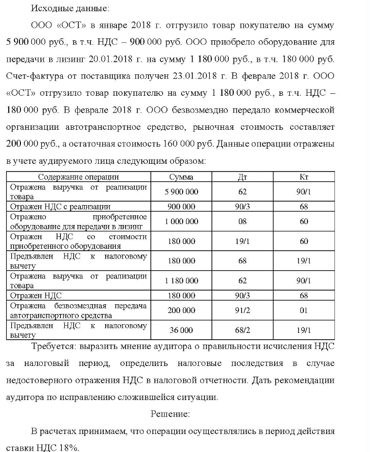 Исходные данные: ООО «ОСТ» в январе 2018 г. отгрузило товар покупателю на сумму 5 900 000 руб. , в т.ч. НДС - 900 000 руб. ООО приобрело оборудование для передачи в лизинг 20.01.2018 г. на сумму 1 180 000 руб., в т.ч. 180 000 руб. Счет-фактура от