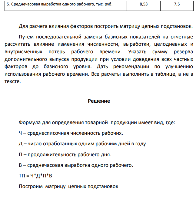 С помощью приема цепных подстановок определить влияние на объем товарной продукции изменения факторов: численности рабочих, отработанных каждым рабочим