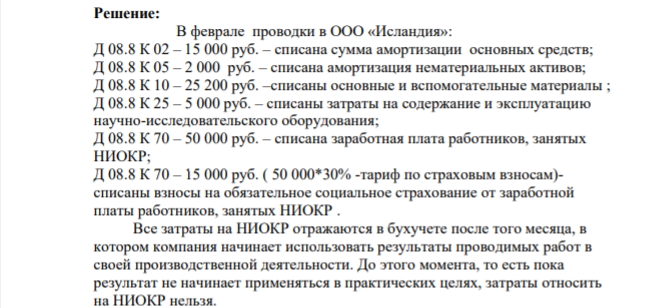 Задача 2.2.32 При выполнении научно-исследовательских и опытно-конструкторских работ ООО «Исландия» в феврале 20Х1 г. имело следующие расходы: амортизация основных средств – 15 000,00 руб.; амортизация нематериальных активов – 2 000,00 руб.; основные и вспомогательные материалы – 25 200,00 руб.; затраты на содержание и эксплуатацию научно-исследовательского оборудования – 5 000,00 руб.