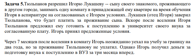 Тюльпанов разрешил Игорю Лукашеву -- сыну своего знакомого, проживающего в другом городе, занимать одну комнату в принадлежащей ему квартире на время обучения Игоря в аспирантуре на согласованных с Игорем условиях. Лукашев (отец Игоря) заверил Тюльпанова, что будет платить за проживание сына