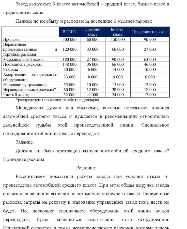 Завод выпускает 3 класса автомобилей - средний класс, бизнес-класс и представительские. Данные по их сбыту и расходам за последние 6 месяцев таковы: всего 300 000 Продажи Переменные производственные и 120 000 торговые расходы Маржинальный доход Постоянные расходы Реклама