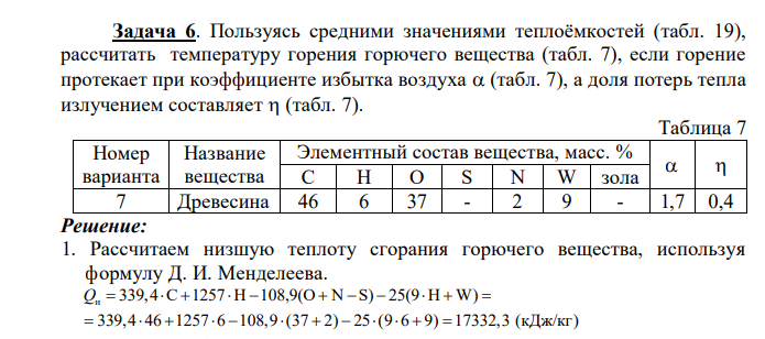 Пользуясь средними значениями теплоёмкостей (табл. 19), рассчитать температуру горения горючего вещества (табл. 7), если горение протекает при коэффициенте избытка воздуха (табл. 7), а доля потерь тепла излучением составляет