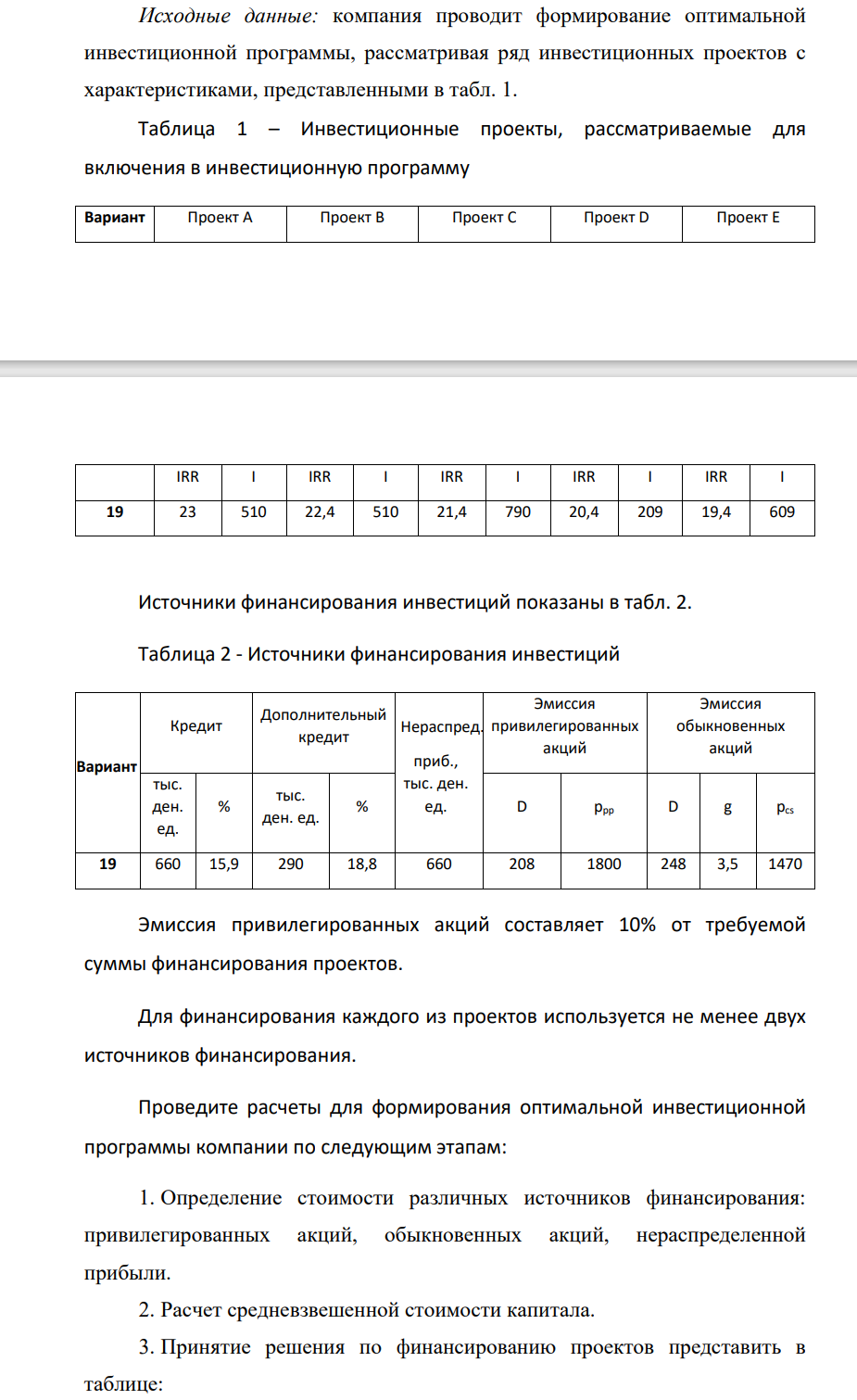 Исходные данные: компания проводит формирование оптимальной инвестиционной программы, рассматривая ряд инвестиционных проектов с характеристиками, представленными в табл. 1. Таблица 1 – Инвестиционные проекты,