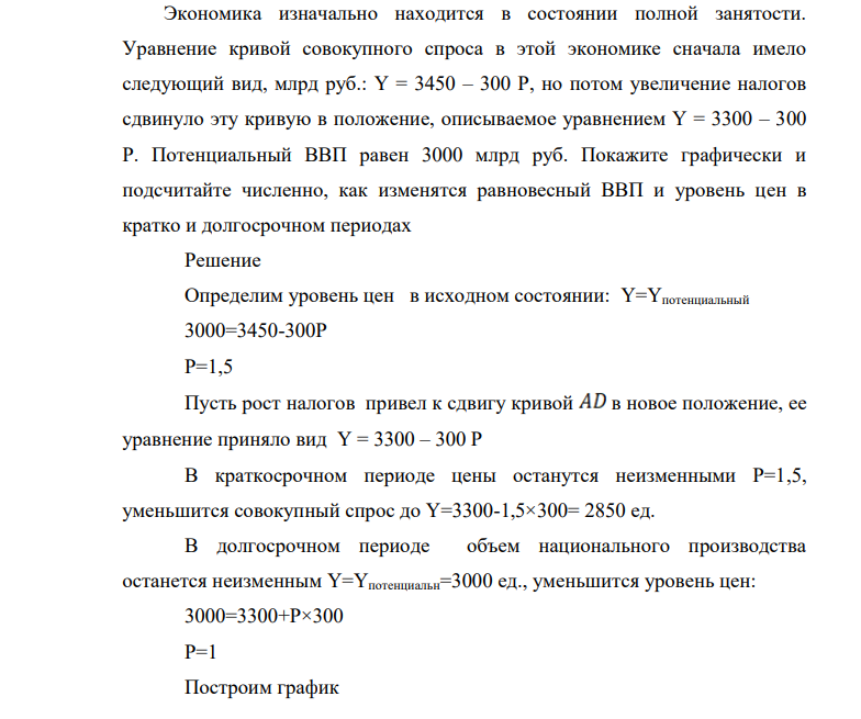 Экономика изначально находится в состоянии полной занятости. Уравнение кривой совокупного спроса в этой экономике сначала имело следующий вид, млрд руб.: Y = 3450 – 300 P
