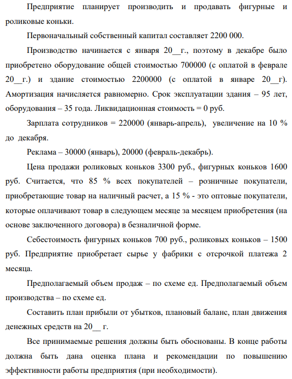 Предприятие планирует производить и продавать фигурные и роликовые коньки. Первоначальный собственный капитал составляет 2200 000. Все принимаемые решения должны быть обоснованы.