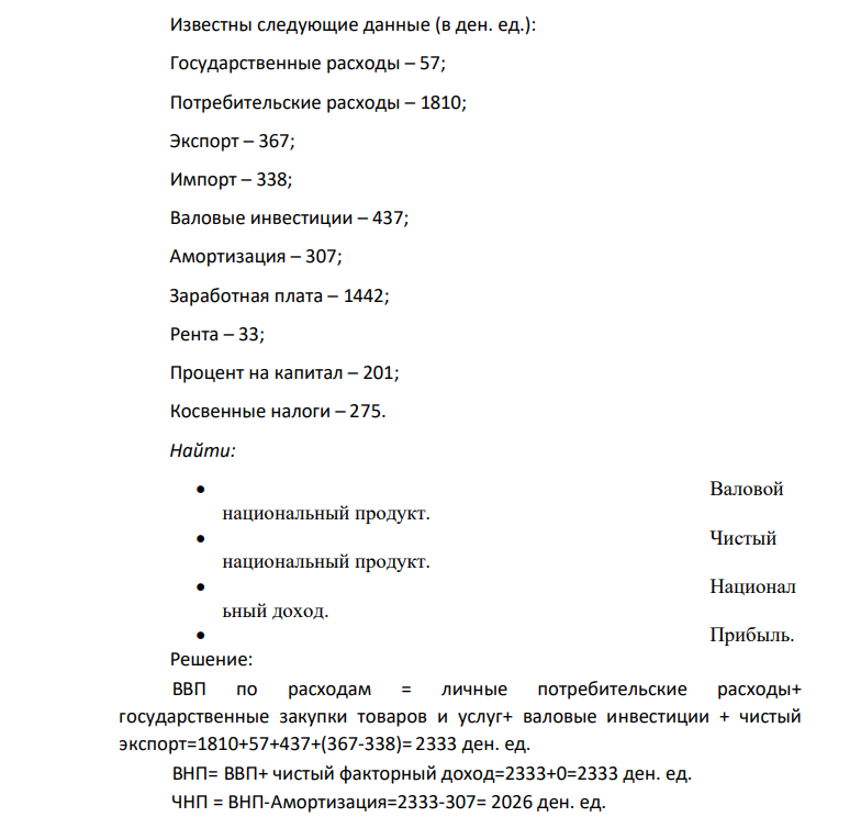 Известны следующие данные (в ден. ед.): Государственные расходы – 57; Потребительские расходы – 1810; Экспорт – 367; Импорт – 338; Валовые инвестиции – 437; Амортизация – 307; Заработная плата – 1442; Рента – 33; Процент на капитал – 201;