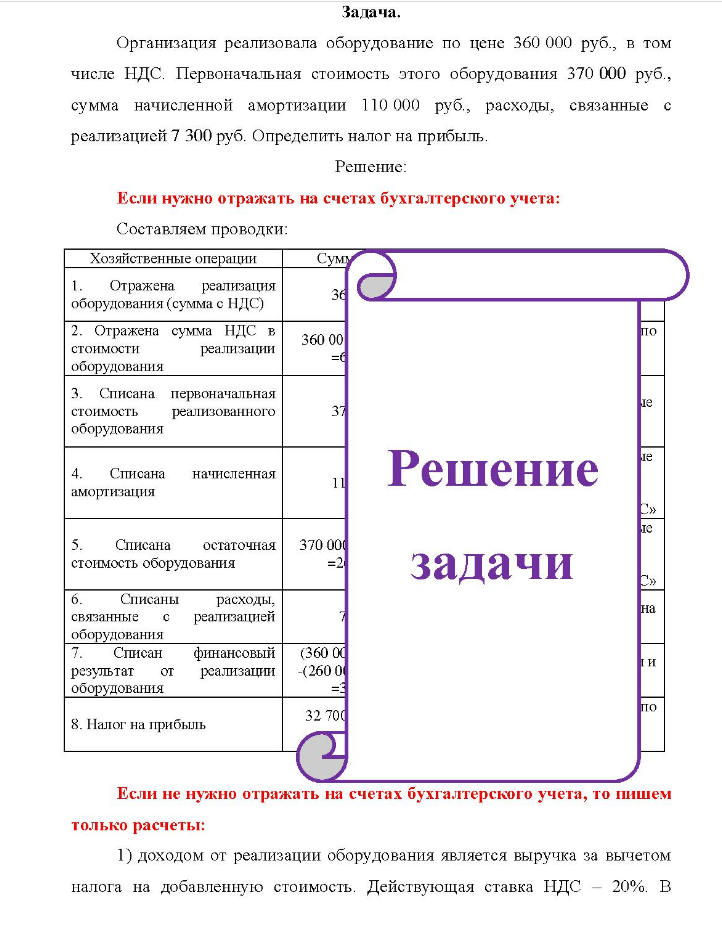 Задача. Организация реализовала оборудование по цене 360 000 руб., в том числе НДС. Первоначальная стоимость этого оборудования 370 000 руб., сумма начисленной амортизации 110 000 руб., расходы, связанные с реализацией 7 300 руб.