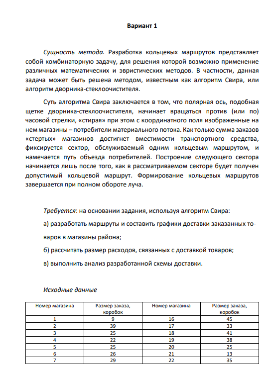 Сущность метода. Разработка кольцевых маршрутов представляет собой комбинаторную задачу, для решения которой возможно применение различных математических и эвристических методов. В частности, данная задача может быть решена методом, известным как алгоритм Свира, или алгоритм дворника-стеклоочистителя.