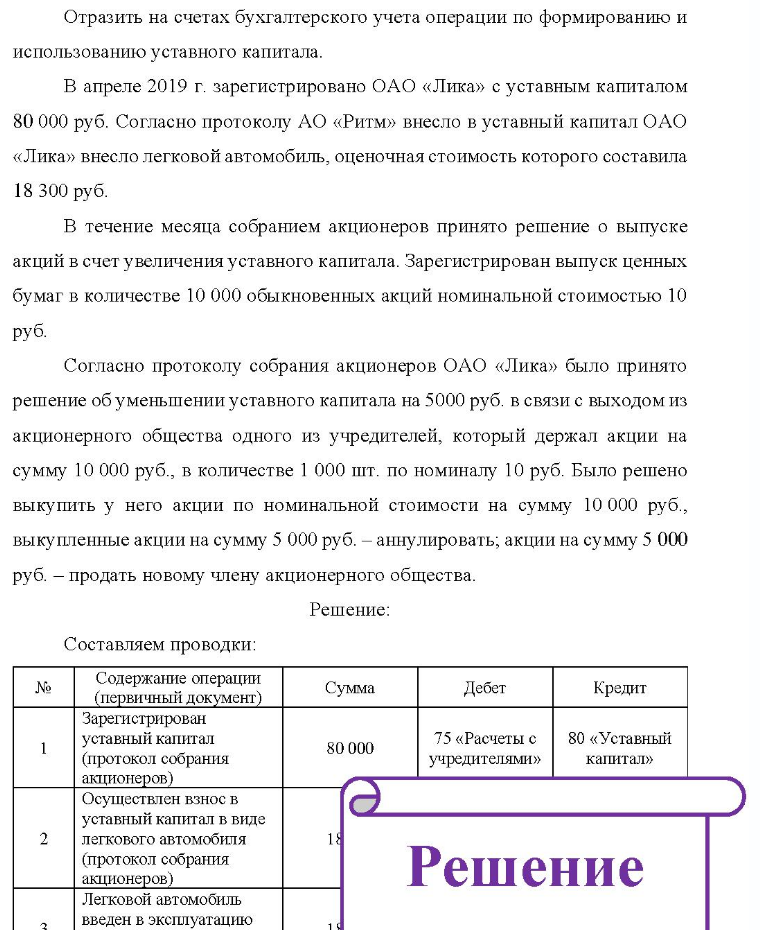Отразить на счетах бухгалтерского учета операции по формированию и использованию уставного капитала. В апреле 2019 г. зарегистрировано ОАО «Лика» с уставным капиталом 80 000 руб. Согласно протоколу АО «Ритм» внесло в уставный капитал ОАО «Лика»