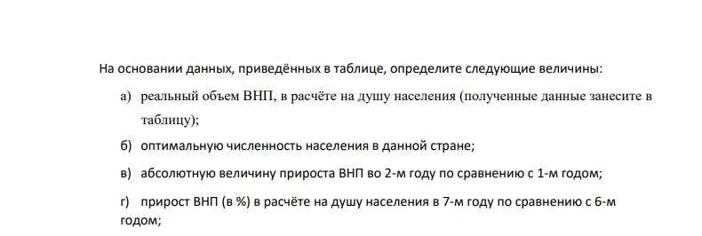 На основании данных, приведённых в таблице, определите следующие величины: a) реальный объем ВНП, в расчёте на душу населения (полученные данные занесите в таблицу); б) оптимальную численность населения в данной стране; в) абсолютную величину прироста ВНП во 2-м году по сравнению с 1-м годом; г) прирост ВНП (в %) в расчёте на душу населения в 7-м году по сравнению с 6-м годом; д) прирост ВНП ( в %) в 4-м году по сравнению с 3-м годом.