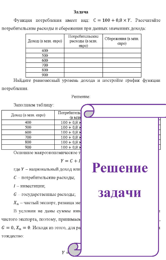 Функция потребления имеет вид: C = 100 + 0,8 × Y. Рассчитайте потребительские расходы и сбережения при данных значениях дохода: Потребительские Сбережения (в млн. Доход (в мли. евро) расходы (в мли. евро) евро) 400 500 600 700 800 900 Найдите равновесный уровень дохода и постройте график функции потребления.