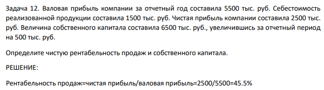 Валовая прибыль компании за отчетный год составила 5500 тыс. руб. Себестоимость реализованной продукции составила 1500 тыс. руб.