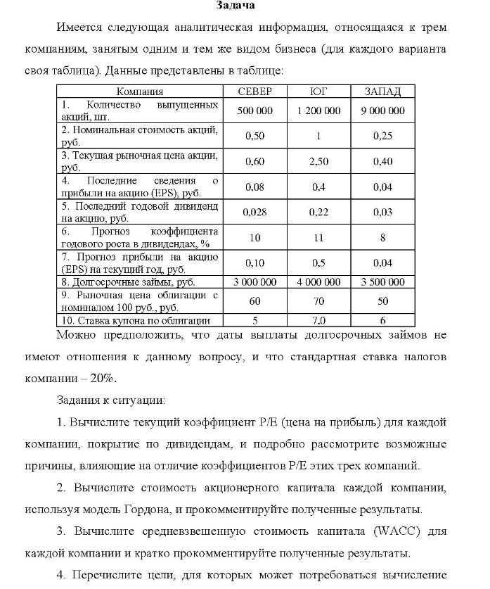 Задача Имеется следующая аналитическая информация, относящаяся к трем компаниям, занятым одним и тем же видом бизнеса (для каждого варианта своя таблица). Данные представлены в таблице: Компания СЕВЕР запад Количество выпущенных 500 000 1 200 000 9 000 000 акций, шт. 2.