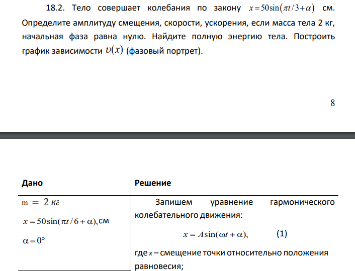 Тело совершает колебания по закону x t 50sin /3 см. Определите амплитуду смещения, скорости, ускорения, если масса тела 2 кг, начальная фаза равна нулю.