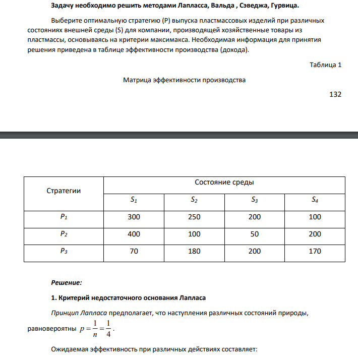 Выберите оптимальную стратегию (Р) выпуска пластмассовых изделий при различных состояниях внешней среды (S) для компании, производящей хозяйственные товары из пластмассы, основываясь на критерии максимакса. Необходимая информация для принятия решения приведена в таблице эффективности производства (дохода).