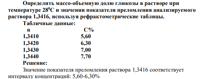 Определить массо-объемную долю глюкозы в растворе при температуре 280С и значении показателя преломления анализируемого раствора 1,3416, используя рефрактометрические таблицы