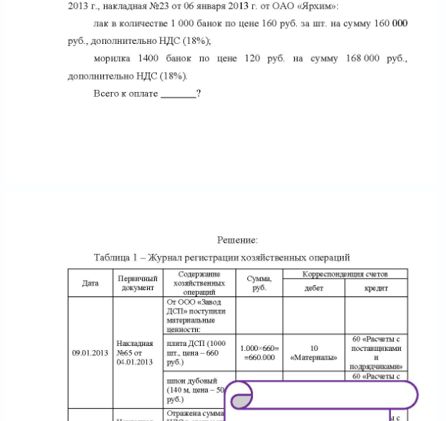 Задача Оформить журнал фактов хозяйственной жизни по образцу, представленному в Приложении А. Исходные данные: 1. Наименование организации ООО «АВИС». 2. Расчеты с поставщиками: 2.1. Поступили материальные ценности по железной дороге 09 января 2013 г., накладная № 65 от 04 января 2013 г. от ООО «Завод ДСП»: плита ДСП 1,0*1,2 в количестве 1 000 штук по цене 660 руб. на сумму 660000 руб. , дополнительно НДС (18%); шпон дубовый в количестве 140 метров по цене 501 руб. на сумму 70 140 руб. , дополнительно НДС (18%).