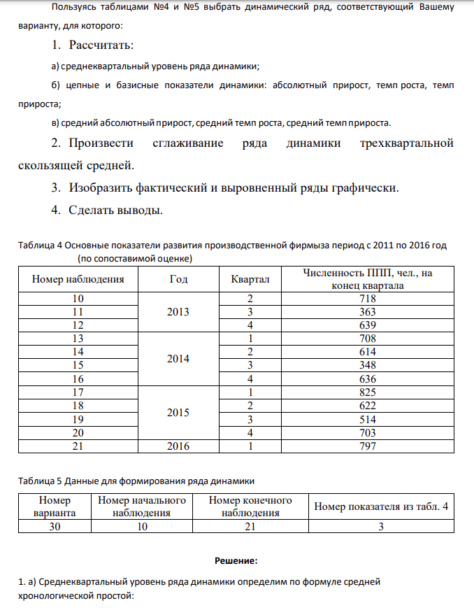 Пользуясь таблицами №4 и №5 выбрать динамический ряд, соответствующий Вашему варианту, для которого: 1. Рассчитать: а) среднеквартальный уровень ряда динамики; б) цепные и базисные показатели динамики: абсолютный прирост, темп роста, темп прироста; в) средний абсолютный прирост, средний темп роста, средний темп прироста. 2. Произвести сглаживание ряда динамики трехквартальной скользящей средней. 3. Изобразить фактический и выровненный ряды графически. 4. Сделать выводы.
