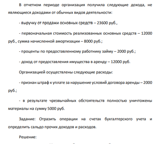 В отчетном периоде организация получила следующие дохода, не являющиеся доходами от обычных видов деятельности: - выручку от продажи основных средств – 23600 руб.,