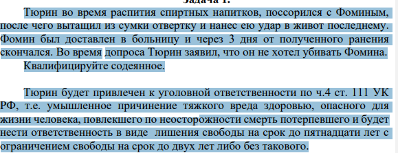 Тюрин во время распития спиртных напитков, поссорился с Фоминым, после чего вытащил из сумки отвертку и нанес ею удар в живот последнему. Фомин был доставлен в больницу и через 3 дня от полученного ранения скончался. Во время допроса Тюрин заявил, что он не хотел убивать Фомина.