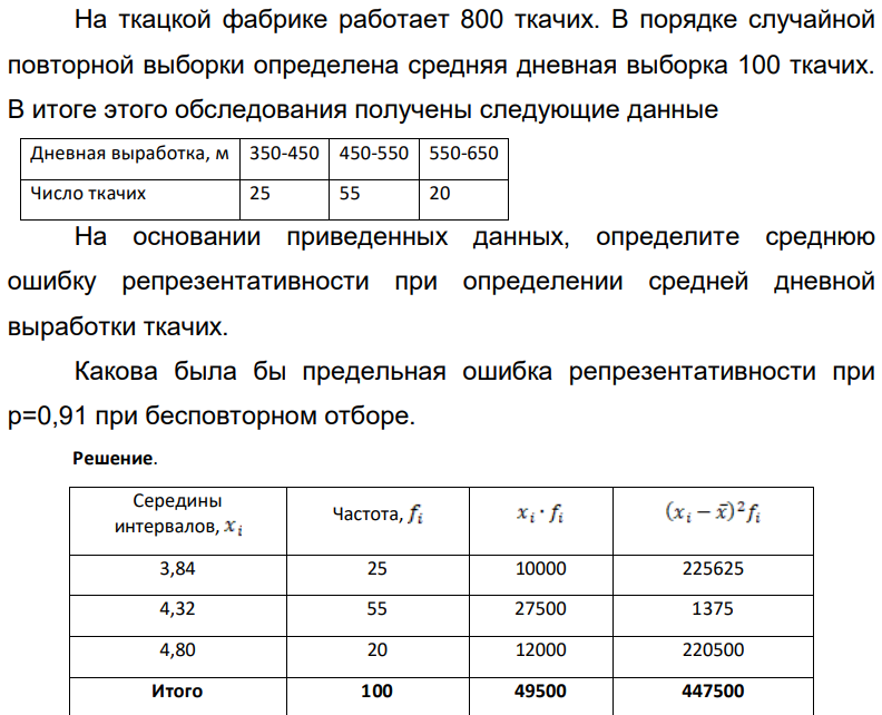 На ткацкой фабрике работает 800 ткачих. В порядке случайной повторной выборки определена средняя дневная выборка 100 ткачих. В итоге этого обследования получены следующие данные Дневная выработка, м 350-450 450-550 550-650 Число ткачих 25 55 20 На основании приведенных данных, определите среднюю ошибку репрезентативности при определении средней дневной выработки ткачих. Какова была бы предельная ошибка репрезентативности при р=0,91 при бесповторном отборе.