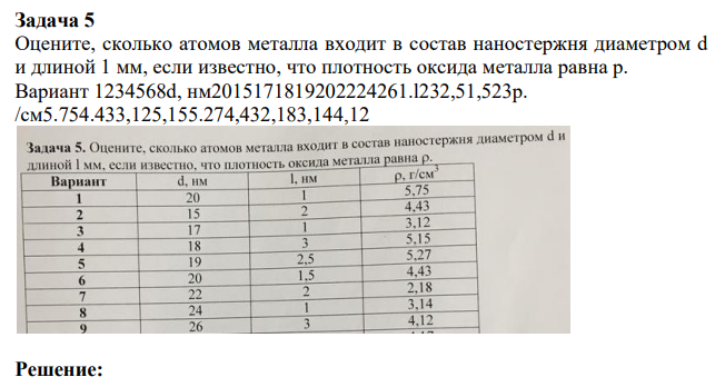 Оцените, сколько атомов металла входит в состав наностержня диаметром d и длиной 1 мм, если известно, что плотность оксида металла равна р.