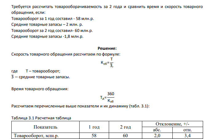 Требуется рассчитать товарооборачиваемость за 2 года и сравнить время и скорость товарного обращения, если: Товарооборот за 1 год составил - 58 млн.р. Средние товарные запасы