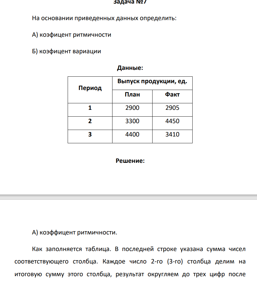 На основании приведенных данных определить: А) коэфицент ритмичности Б) коэфицент вариации Данные: Период Выпуск продукции, ед. План Факт 1 2900 2905 2 3300 4450 3 4400 3410