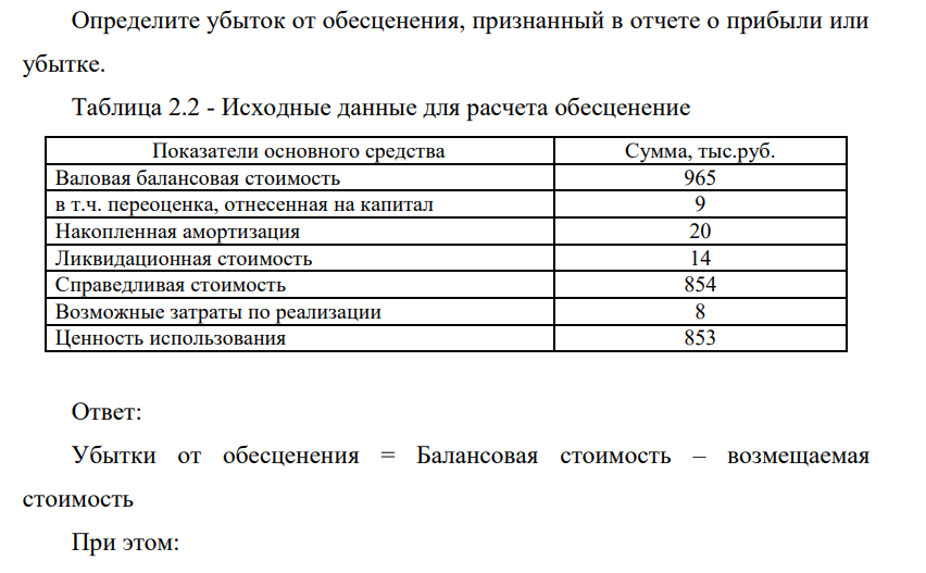 Определите убыток от обесценения, признанный в отчете о прибыли или убытке. Таблица 2.2 - Исходные данные для расчета обесценение Показатели основного средства Сумма, тыс.руб