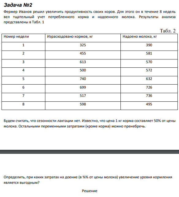 Задача №2 Фермер Иванов решил увеличить продуктивность своих коров. Для этого он в течение 8 недель вел тщательный учет потребленного корма и надоенного молока. Результаты анализа представлены в Табл. 1 Табл. 2