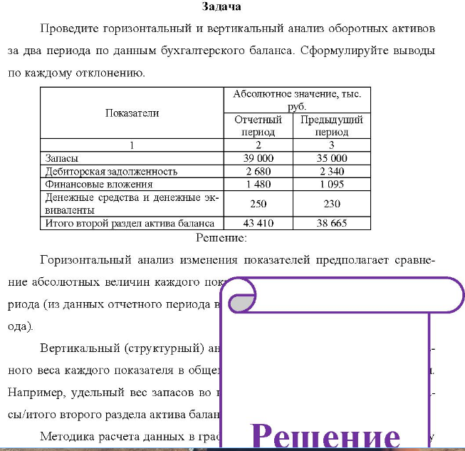 Проведите горизонтальный и вертикальный анализ оборотных активов за два периода по данным бухгалтерского баланса. Сформулируйте выводы по каждому отклонению.