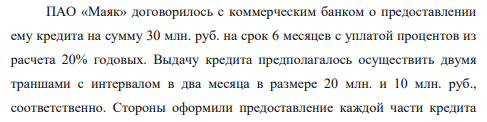 ПАО «Маяк» договорилось с коммерческим банком о предоставлении ему кредита на сумму 30 млн. руб. на срок 6 месяцев с уплатой процентов из расчета 20% годовых. Выдачу кредита предполагалось осуществить двумя траншами с интервалом в два месяца в размере 20 млн. и 10 млн. руб., соответственно.