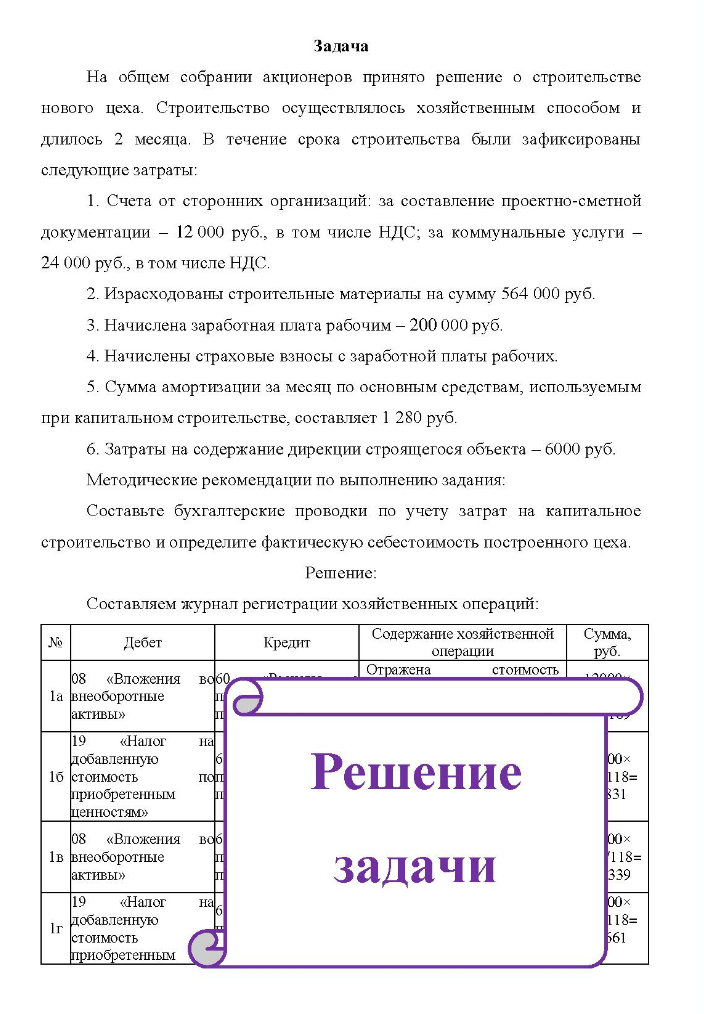На общем собрании акционеров принято решение о строительстве нового цеха. Строительство осуществлялось хозяйственным способом и длилось 2 месяца.