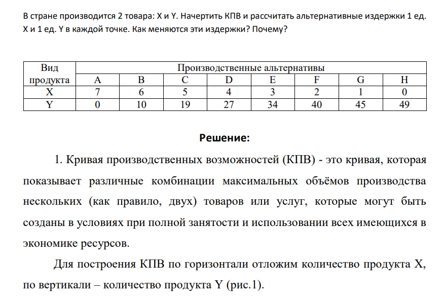 В стране производится 2 товара: Х и Y. Начертить КПВ и рассчитать альтернативные издержки 1 ед. Х и 1 ед. Y в каждой точке. Как меняются эти издержки? Почему?