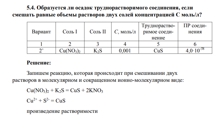 Образуется ли осадок труднорастворимого соединения, если смешать равные объемы растворов двух солей концентрацией С моль/л