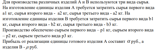 Для производства различных изделий А и В используются три вида сырья. На изготовление единицы изделия А требуется затратить сырья первого вида а1 кг, сырья второго вида - а2 кг, сырья третьего вида - а2 кг. На изготовление единицы изделия В требуется затратить сырья первого вида b1 кг, сырья второго вида - b2 кг, сырья третьего вида - b3 кг.