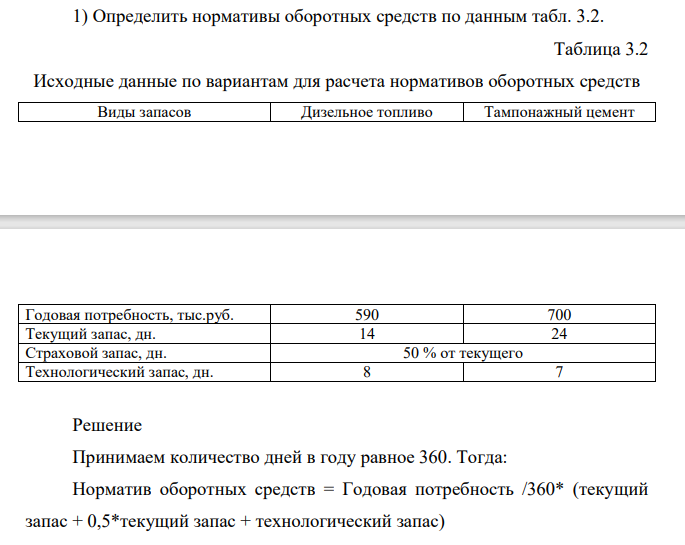 1) Определить нормативы оборотных средств по данным табл. 3.2. Таблица 3.2 Исходные данные по вариантам для расчета нормативов оборотных средств Виды запасов Дизельное топливо Тампонажный цемент Годовая потребность, тыс.руб. 590 700 Текущий запас, дн. 14 24 Страховой запас, дн. 50 % от текущего Технологический запас, дн. 8 7